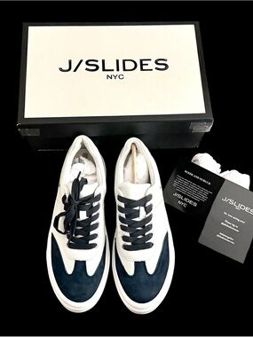 J/Slides Gabbie White Navy Nappa Leather Suede Sneakers Size 8M NIB